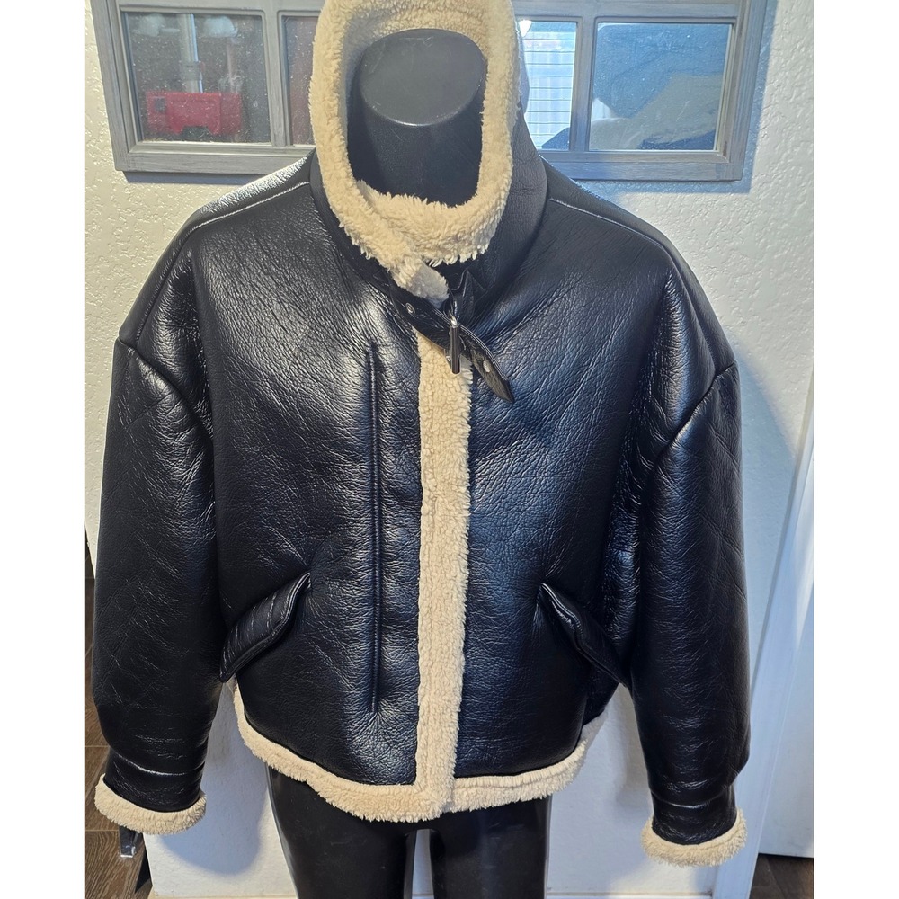 Princess Polly Black Faux Leather Sherpa Aviator Jacket Oversized Biker Coat XL